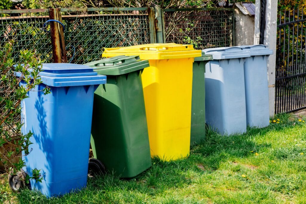 recycle bins for garbage on green grass near fence