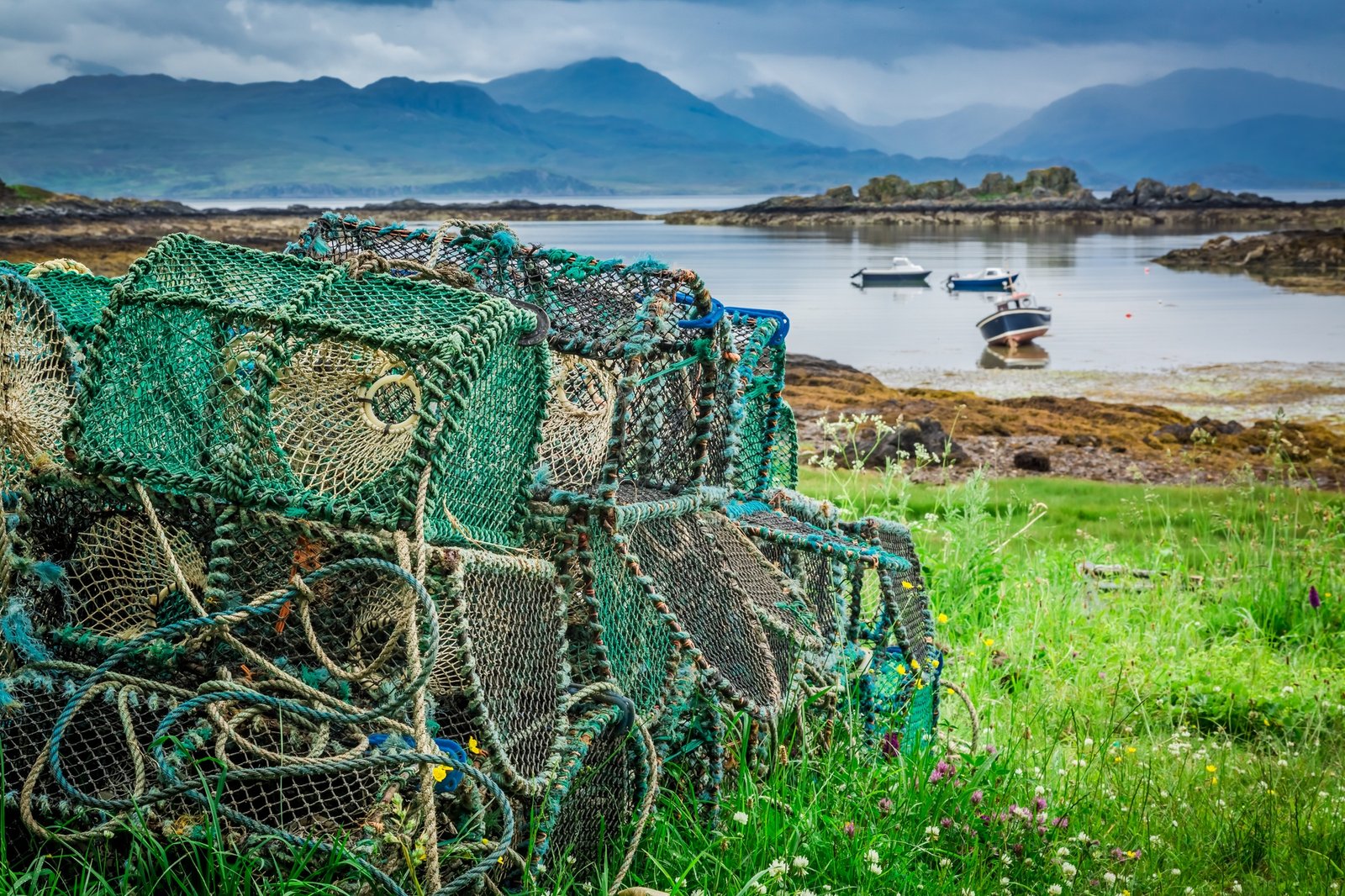 Cage for lobster and bay with boats in Scotland