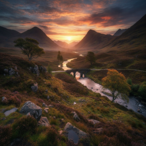 AI Generated: scottish glen at sunset no text (Photorealistic)