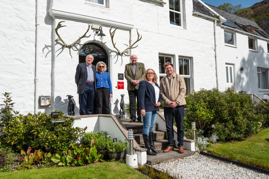 L-R: Godfrey and Claire Macdonald, Kevin Wickman, Isabella Macdonald and Edward Wickman outside Kinloch Lodge (Credit: Andrew Tobin)