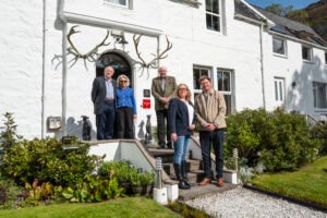 L-R: Godfrey and Claire Macdonald, Kevin Wickman, Isabella Macdonald and Edward Wickman outside Kinloch Lodge (Credit: Andrew Tobin)
