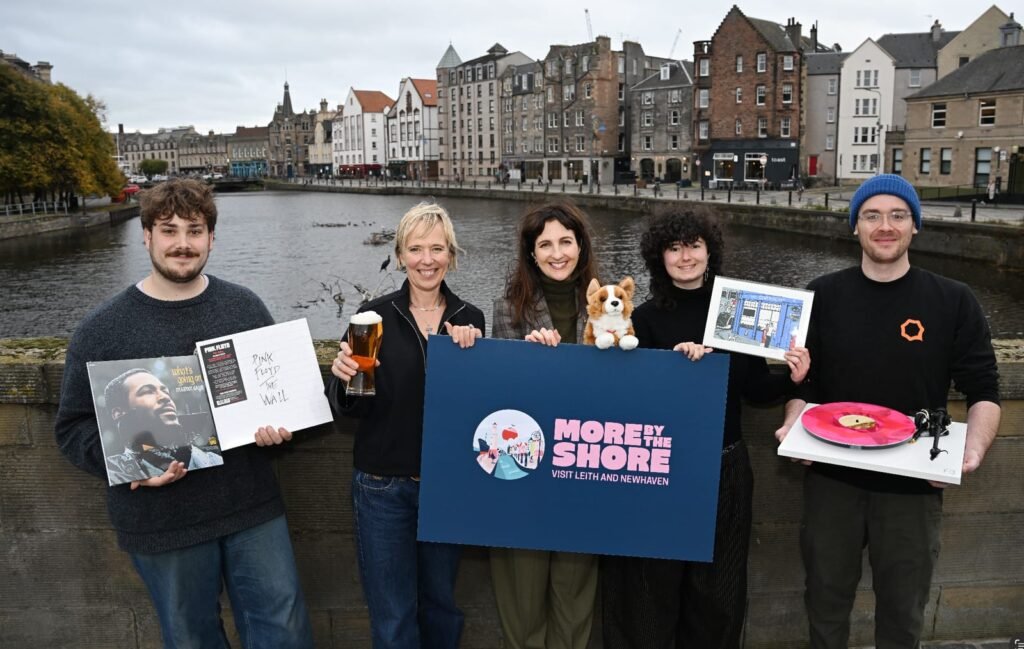 L-R: Joe Lazell from Loud & Clear, Anna Lagerqvist Christopherson from Victoria Bar, Klara Dixon from the Royal Yacht Britannia & Fingal Hotel, Cat Gordon from Leith Makers, Jamie Thornton from Loud & Clear (Credit: . Images with small girl - Cora Lynchehaun, Leith Resident (Credit: Greg Macvean for Forever Edinburgh)